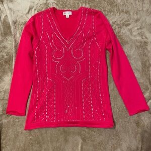 Questions? Elegant Pink V-Neck Sweater with Embellishments Size Small